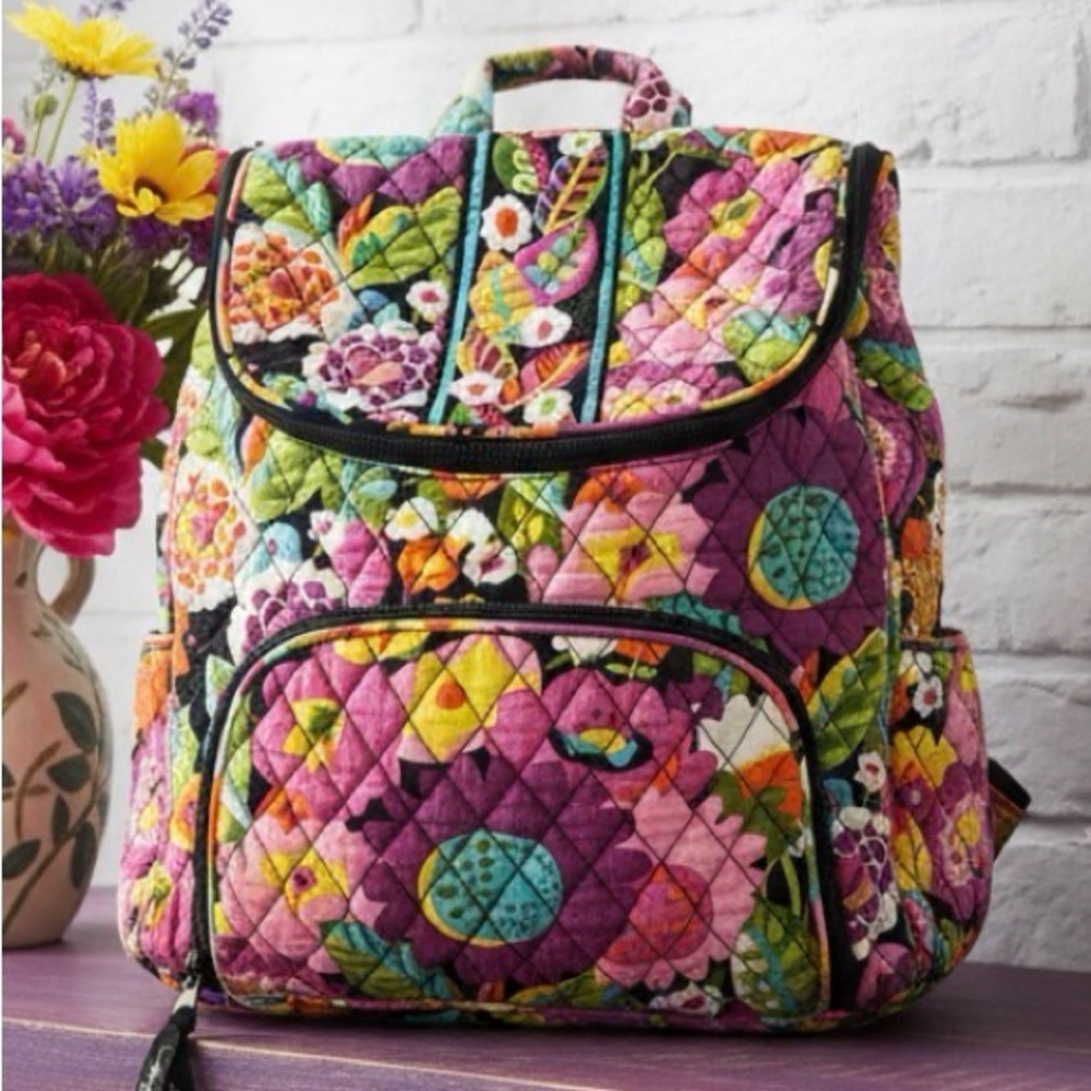 Vera Bradley Quilted Floral Backpack in Purple, Green, Pink, Yellow